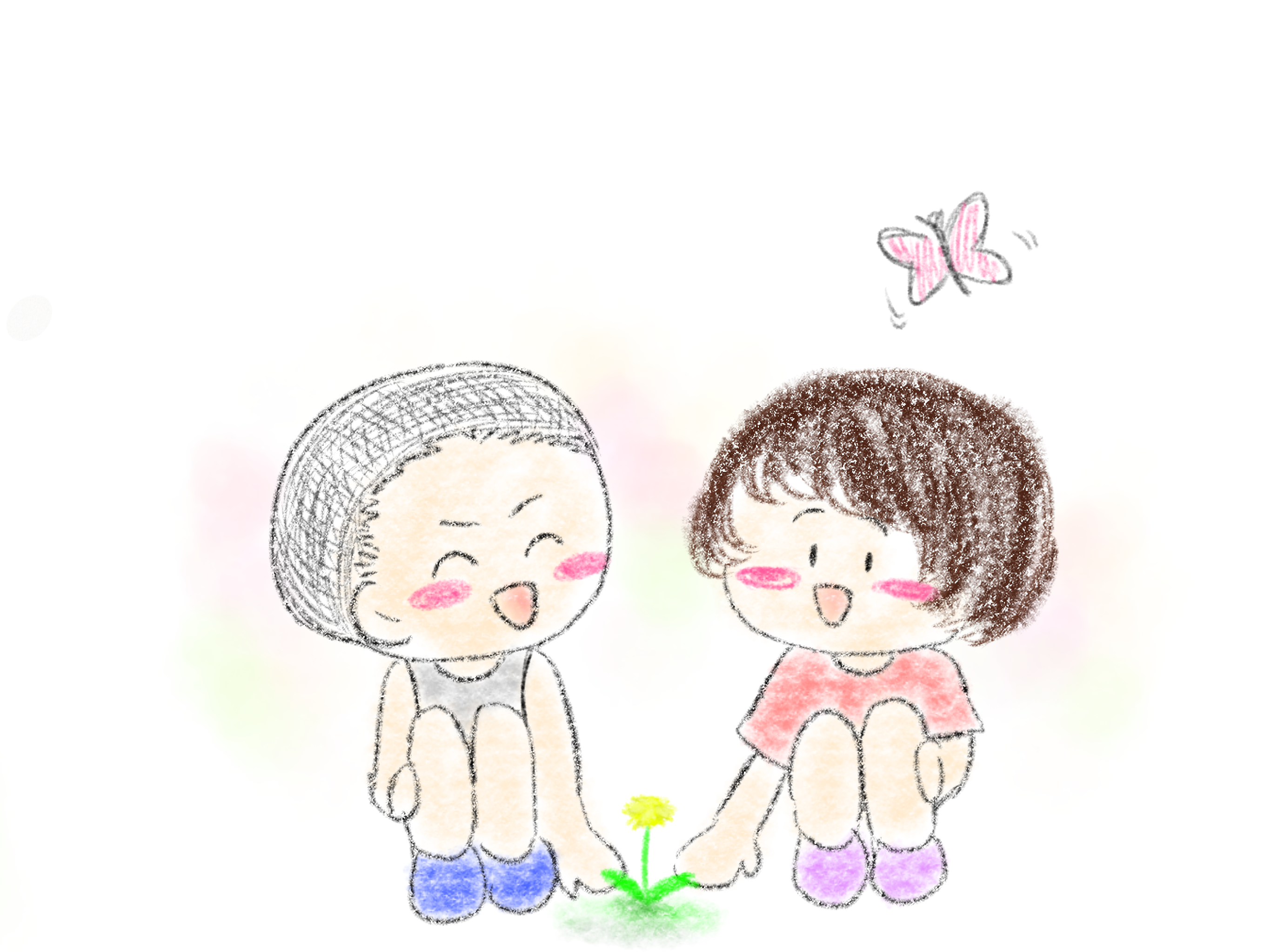 子どもたちと花を描いたイラスト